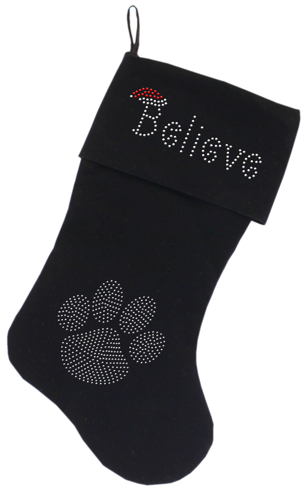 Believe Rhinestone 18 inch Velvet Christmas Stocking Black